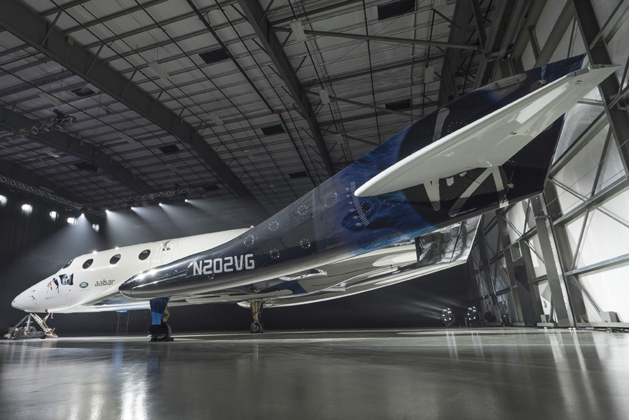 Virgin Spaceship Unity is unveiled in Mojave, California, Friday February 19th, 2016. VSS Unity is the first vehicle to be manufactured by The Spaceship Company, Virgin Galactic's wholly owned manufacturing arm, and is the second vehicle of its design ever constructed. VSS Unity was unveiled in FAITH (Final Assembly Integration Test Hangar), the Mojave-based home of manufacturing and testing for Virgin Galactic’s human space flight program. VSS Unity featured a new silver and white livery and was guided into position by one of the company’s support Range Rovers, provided by its exclusive automotive partner Jaguar Land Rover.